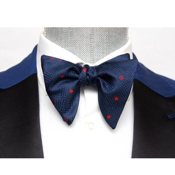 Men's Self-tied Bow Tie 100%Silk Big Butterfly Navy with Polka Dot S681 - Picture 2 of 16